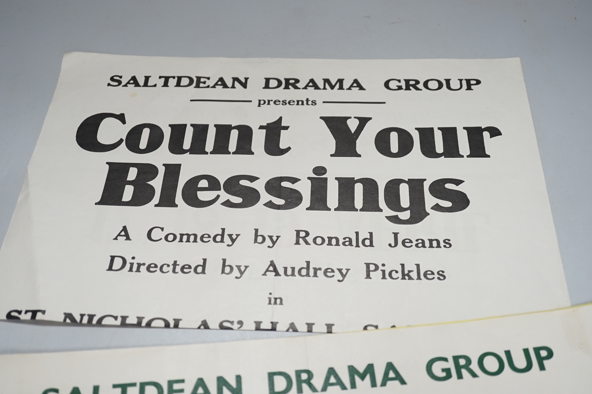 Six 1940s unframed posters, Saltdean Drama Group, ‘A Letter From the General’, ‘Blithe Spirit’, ‘Count Your Blessings’, etc. 38cm x 50.5cm